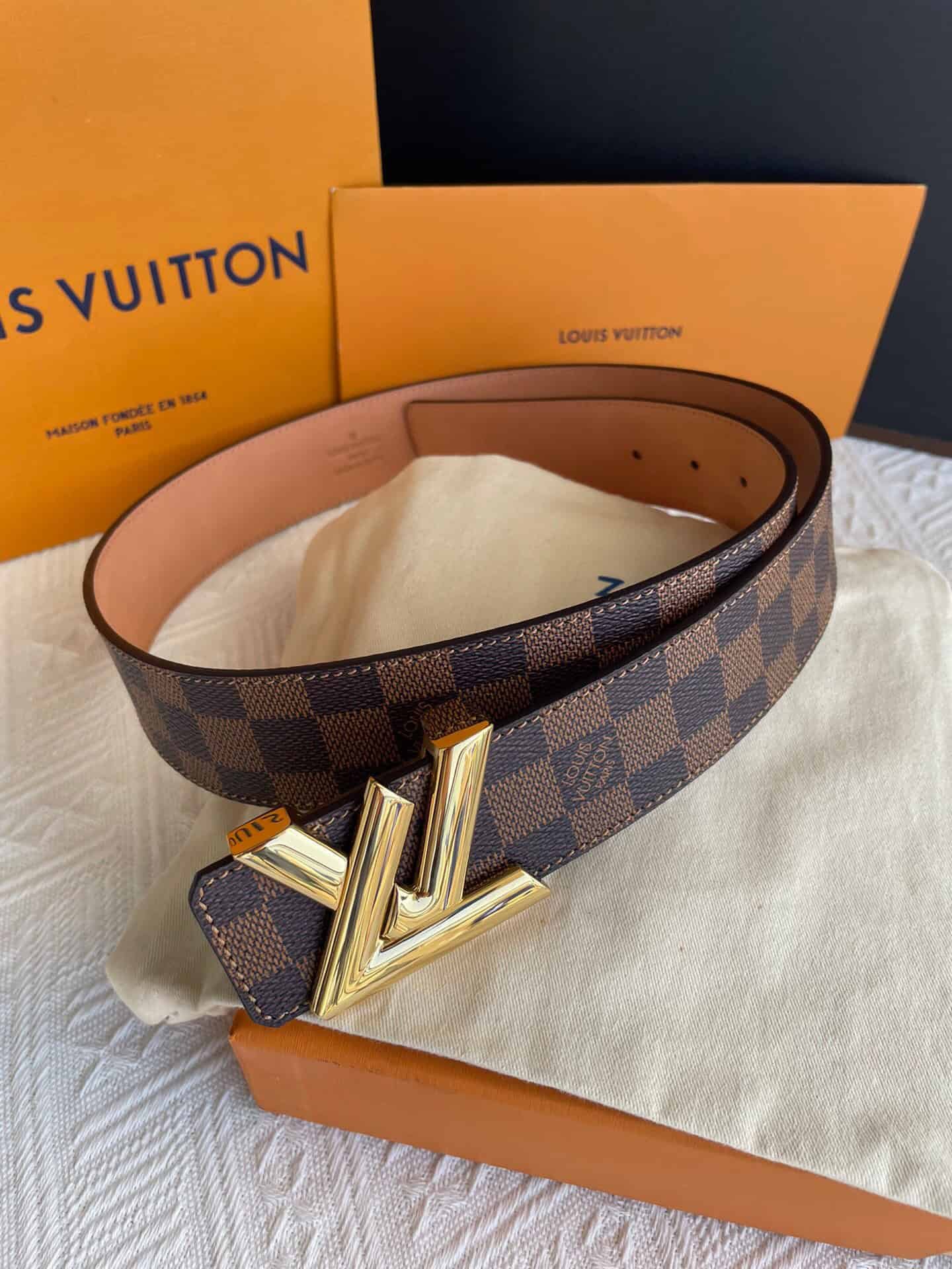 Louis Vuitton Twist Iconic Initiales LV Belt Damier Infini Canvas Brown Gold Finishing LV Women Belt