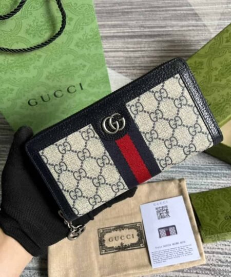 Gucci Ophidia GG Zip Around Wallet Beige With Red and Dark Blue Stripes With Silver Hardware For Men 8in/19cm GG
