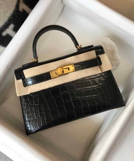 Hermes Kelly Black For Women Gold Toned Hardware 7.8in/20cm