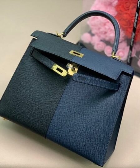 Hermes Kelly 28 Sellier Epsom Bag Black/Navy Blue For Women 11in/28cm