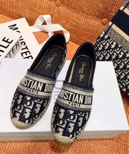 Christian Dior Granville Espadrille Dark Blue Dior Oblique Embroidered Cotton Black For Women CD