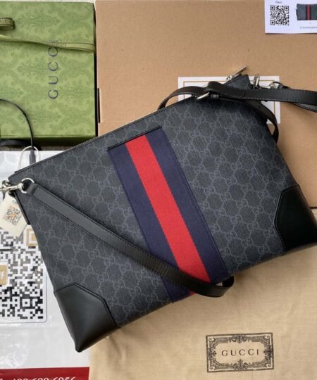 Alternative view of Gucci Black Messenger Black/Grey GG Supreme Canvas Blue And Red Web For Men 14in/35cm 474139 K5ICN 1095