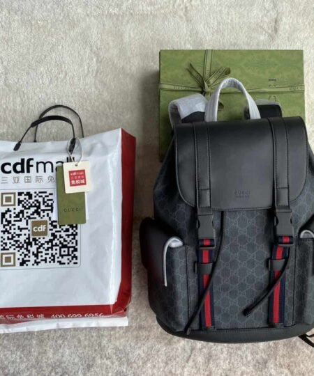 Gucci Black Backpack Black/Grey Soft GG Supreme Blue And Red Web For Men 16.5in/42cm 495563 K9R8X 1071