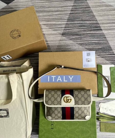 Gucci Ophidia Belt Bag Beige And Ebony GG Supreme Canvas A Material With Low Environmental Impact For Men 8.7in/22cm GG 674081 96IWT 9794