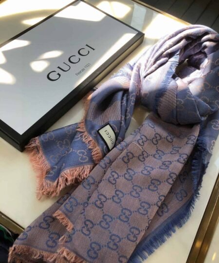 Gucci GG Jacquard Silk Wool Shawl Blue 55in/140cm