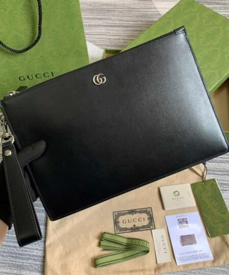 Gucci Marmont Pouch in Black with Gold Toned Hardware For Men 12in/30.5cm GG 475317 DJ20T 1000