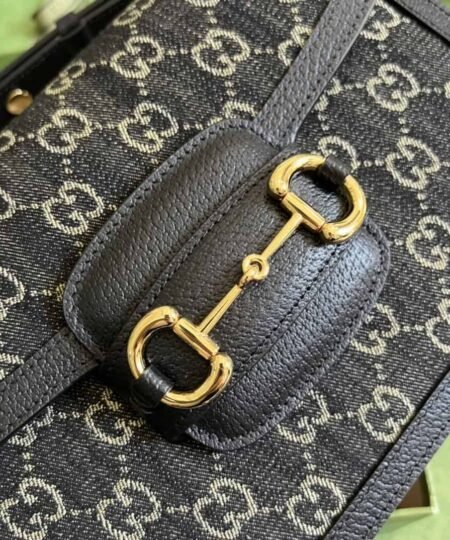 Alternative view of Gucci Horsebit 1955 Shoulder Bag Black And Ivory GG Denim Jacquard For Women 9.8in/25cm 602204 UN3BG 1274