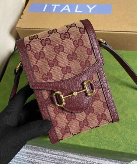 Gucci Horsebit 1955 Mini Bag Beige And Burgundy GG Supreme Canvas For Women 6.7in/17cm GG 625615F6B3G9865