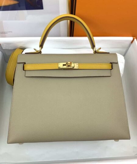 Hermes Kelly 25 Sellier Epsom Greige/Yellow Bag For Women, Women's Handbags, Shoulder Bags 10in/25cm