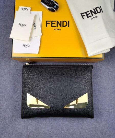 Fendi Monster Eyes Flat Zip Pound Clutch in Black with Gold Toned Hardware For Men 27cm/10.5in FF