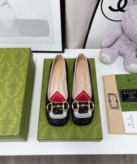 Gucci Lovelight Crystal Ballet Flat With Horsebit Black For Women GG