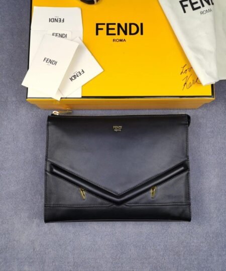 Fendi Flat Zip Pouch in Black With Gold Toned Metalware For Men 27cm/10.5in FF