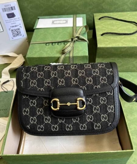 Gucci Horsebit 1955 Shoulder Bag Black And Ivory GG Denim Jacquard For Women 9.8in/25cm 602204 UN3BG 1274