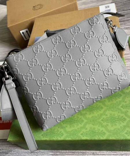 Gucci GG Embossed Medium Messenger Bag Grey GG Embossed For Men 12in/31cm GG