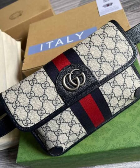 Gucci Ophidia Belt Bag Beige And Blue GG Supreme Canvas For Men 8.7in/22cm GG 674081 96IWN 4076