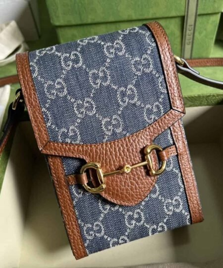 Gucci Horsebit 1955 Mini Bag Blue And Ivory GG Denim Jacquard For Women 6.7in/17cm 625615 2KQGG 8375