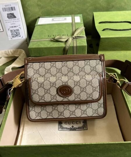 Gucci Messenger Bag With Interlocking G Beige And Ebony GG Supreme Canvas And Brown For Men 8in/21cm GG 674164 92THG