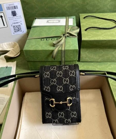Gucci Horsebit 1955 Mini Bag Black And Ivory GG Denim Jacquard For Women 6.7in/17cm 625615 UN3BG 1274