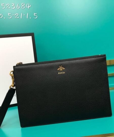 Gucci Animalier Pouch Black with Bee Detail For Men 12in/31cm GG 523684 DJ20T 1000
