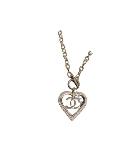 Chanel Big Heart Frame Necklace Gold Tone For Women