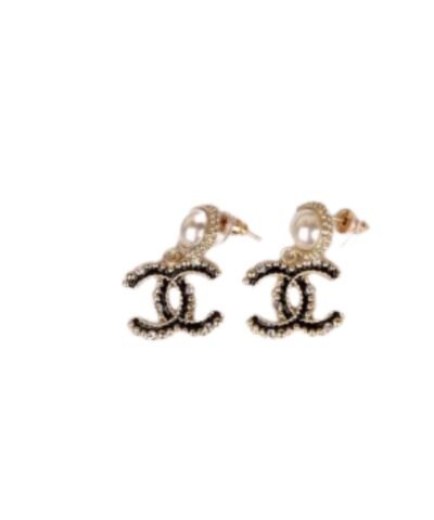 Chanel Black Douple C Earrings Gold Tone For Women