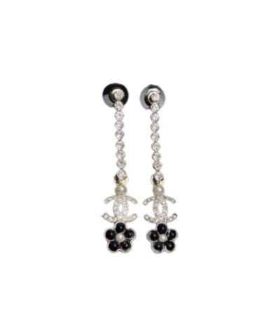 Chanel Black Flower Long Earrings Gold Tone For Women