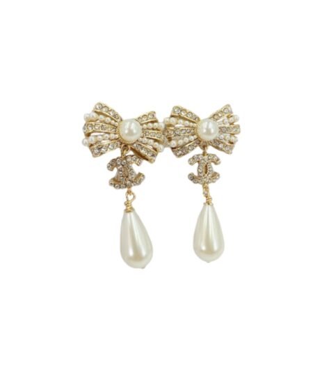 Chanel Bowknot Peart Earrings Gold Tone For Women