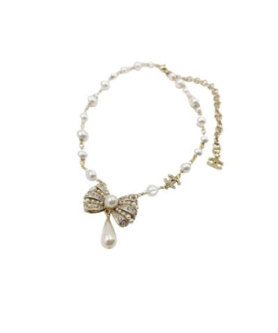 Chanel Bowknot Pendant Pearl Necklace Gold Tone For Women