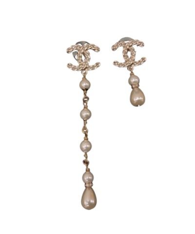 Chanel CC Crystal Pearl Drop Earrings Gold For Women