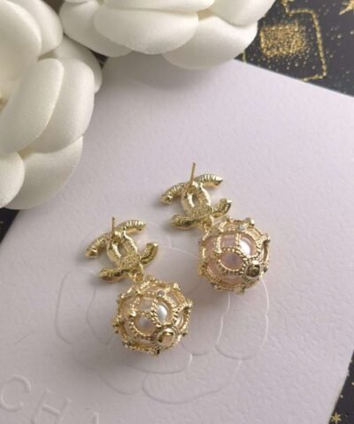 Chanel Pearl Braided Mesh Earrings Gold For Women