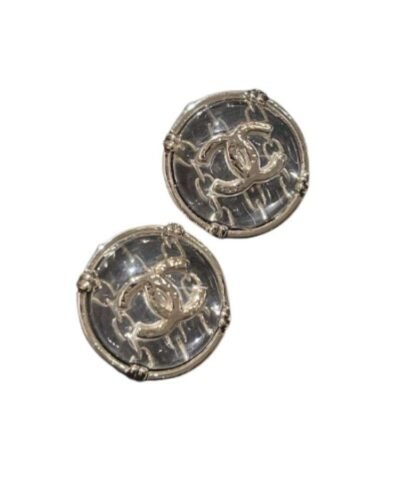 Chanel Round Button Plastic Earrings Silver For Women