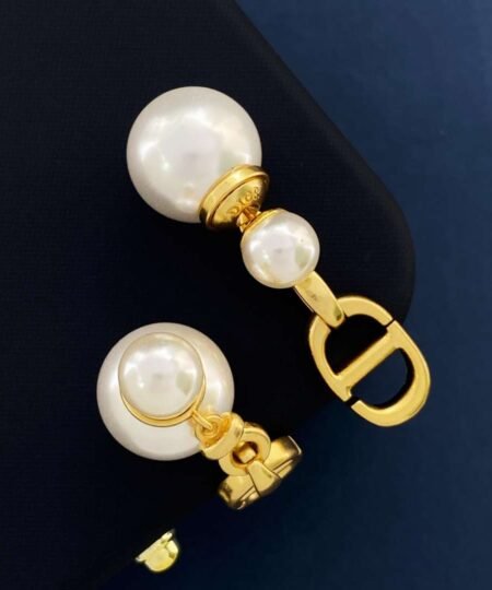 Alternative view of Dior Double Letter Plastic Bubble Pearl Earrings Gold For Women