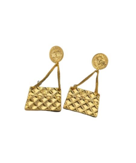 Chanel Engraved Douple C Handbag Earrings Gold Tone For Women