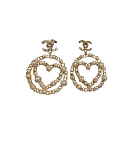 Chanel Heart In Circle Frame Chain Earrings Gold Tone For Women