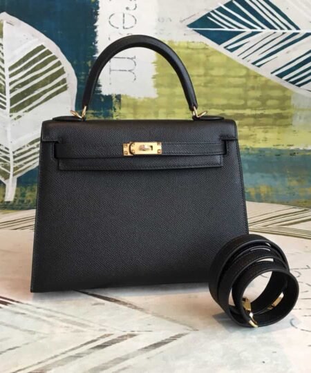 Hermes Kelly Black For Women Gold Toned Hardware 10in/25cm