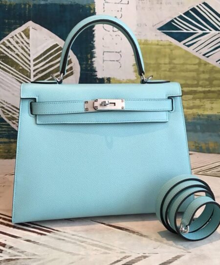 Hermes Kelly 28 Bleu Frida Evercolor Bag With Sliver Toned Harware For Women, Women's Handbags, Shoulder Bags 11in/28cm
