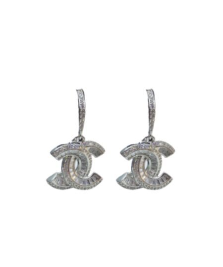 Chanel Interlocking Douple C Earrings Silver Tone For Women
