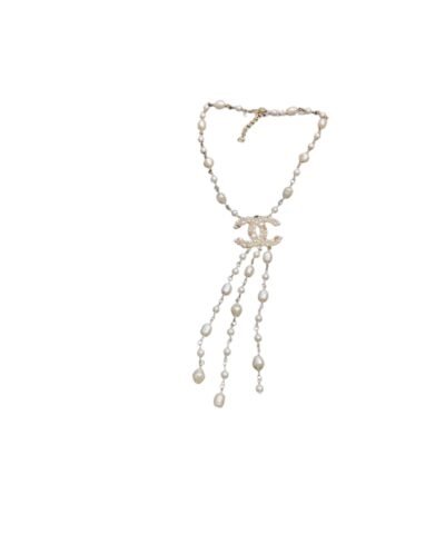 Chanel Long Stylized Pearl Necklace Gold Tone For Women