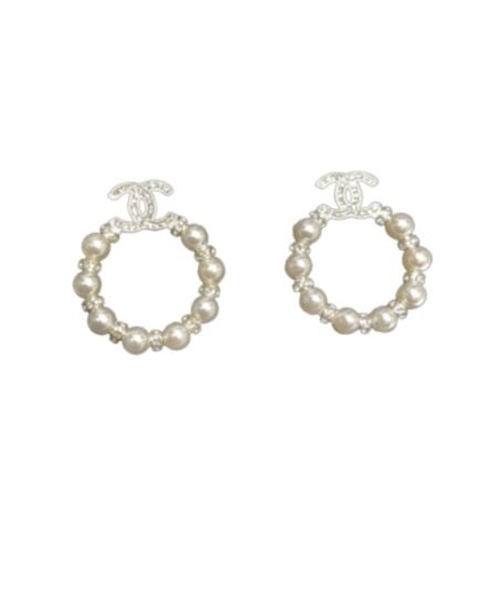 Chanel Mini Pearl Border Circle Frame Earrings Gold Tone For Women