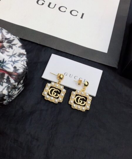 Gucci Mini Pearl Border Frame Earrings Gold Tone For Women