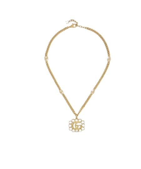 Gucci Mini Pearl Border Frame Pendant Necklace Gold Tone For Women