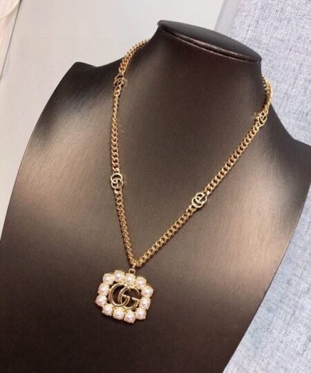 Alternative view of Gucci Mini Pearl Border Frame Pendant Necklace Gold Tone For Women