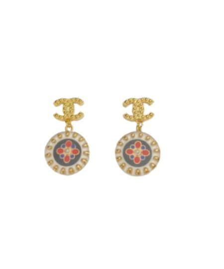 Chanel Red And Blue Pattern In Middle Circle Earrings Gold Tone For Women