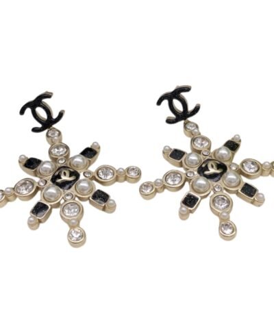 Chanel Snowflake Enamel Pearl Earrings Black For Wome