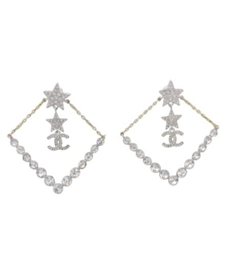 Chanel Triangle Star Crystal Earrings Silver For Women