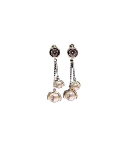 Chanel Two Pearls Noble Earrings Silver Tone For Women