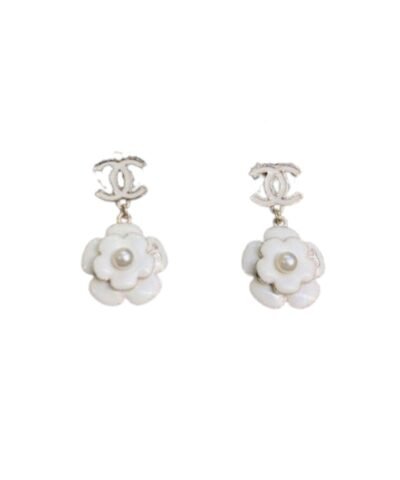 Chanel White Camellia Flower Earrings Gold Tone For Women