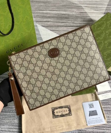 Gucci GG Wool Pouch With Interlocking G Brown For Men 12in/31cm GG