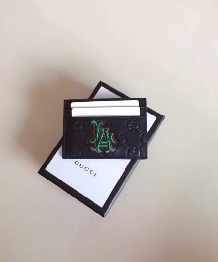 Gucci GG Embossed Card Case Black With Green LA For Men 4in/10cm GG
