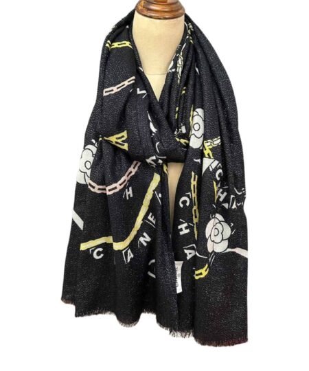 Chanel Silver Silk Scarf Black 200cm/79in For Women